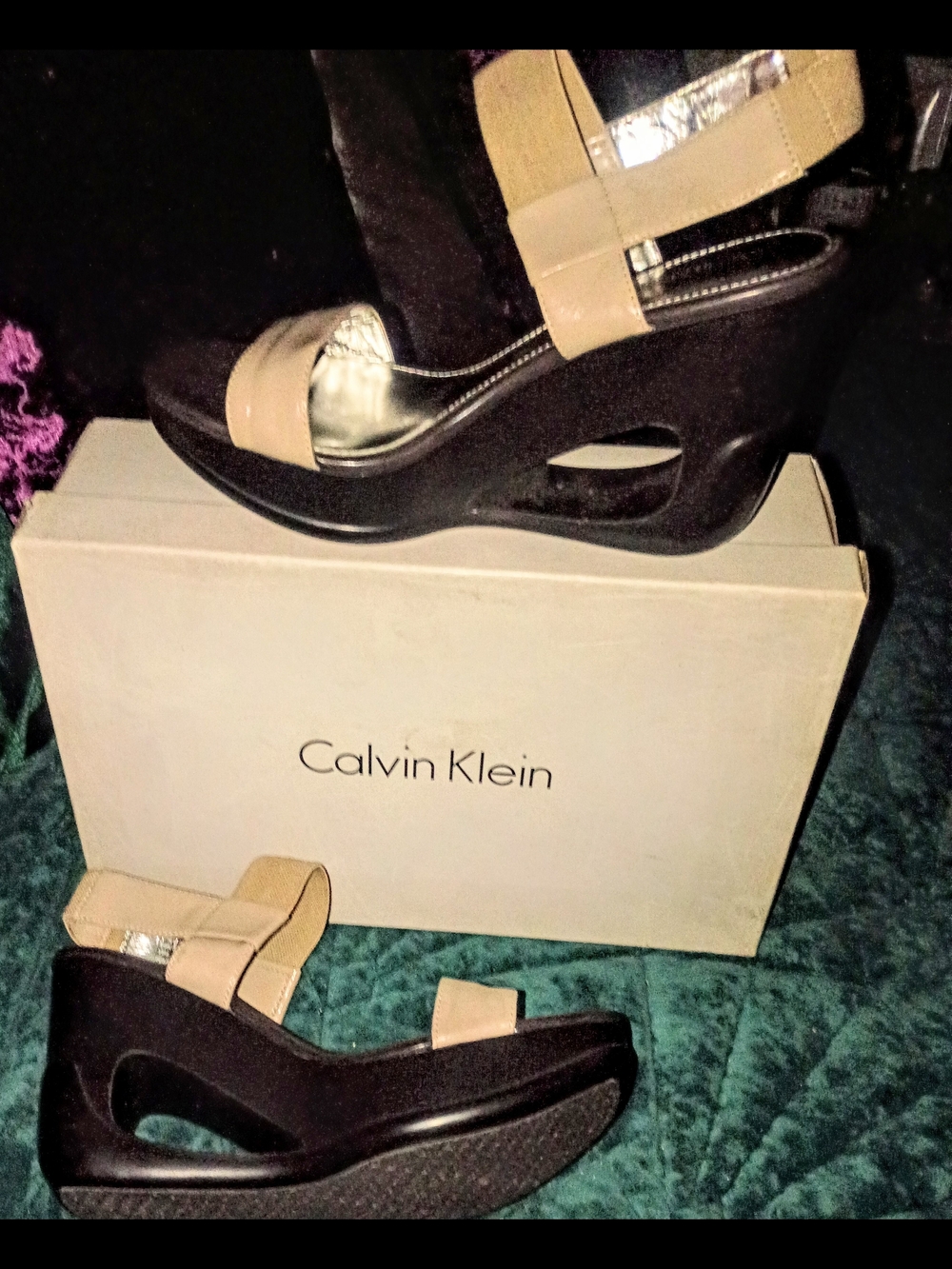Calvin Klein Black and Beige Wedge Sandals